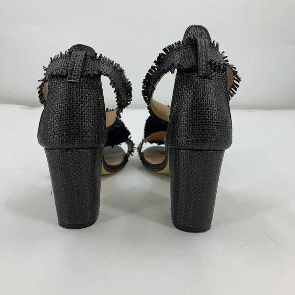 All Black Open-toe Raffia Fringe Pompom Block Heels Ankle Strap Sandals Size 7.5 - Picture 9 of 15